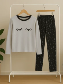 Women's Long Sleeve Cold Weather Printed Eyelash Pajamas With Gray Eyes And Trousers - Grey - View 3