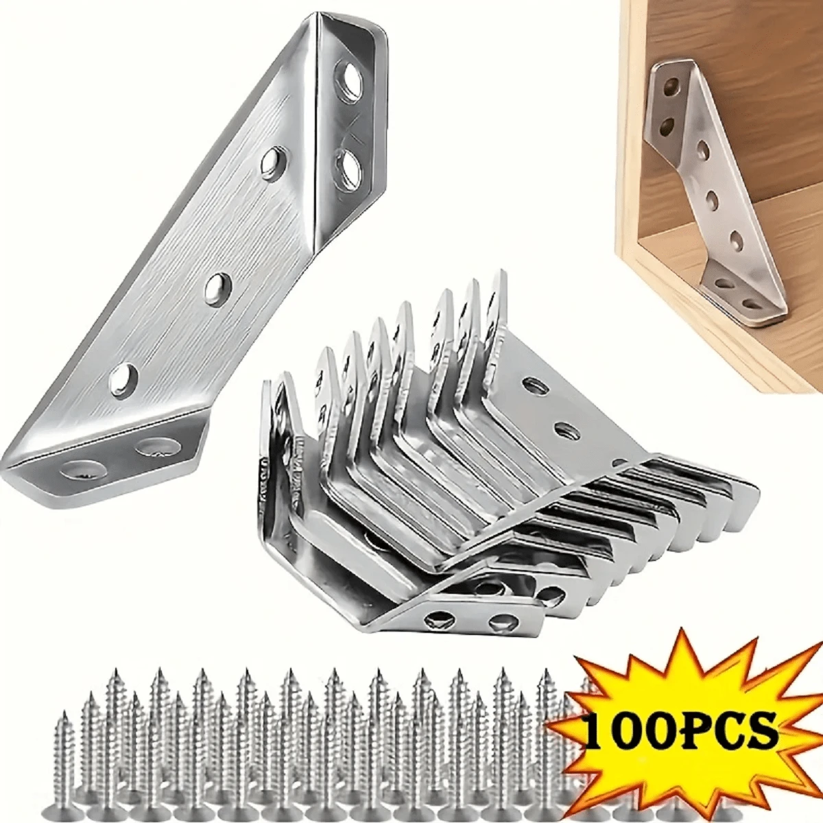 100Pcs Heavy-Duty Metal Corner Braces, Stainless Steel L-Shaped Brackets For Woodworking, Multipurpose Durable Rust-Resistant Furniture Connectors - Easy Assembly & Installation, Furniture Assembly|Angle Support Brace|Stainless Steel Brackets - Silver - View 1