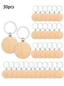 30 件木制圆盘钥匙扣，创意小礼物，工艺木制钥匙圈吊坠学校汽车配件可爱哥特 Y2k 万圣节配件教师节包挂绳带身份证夹汽车配件包饰 - 木質色 - 查看 1