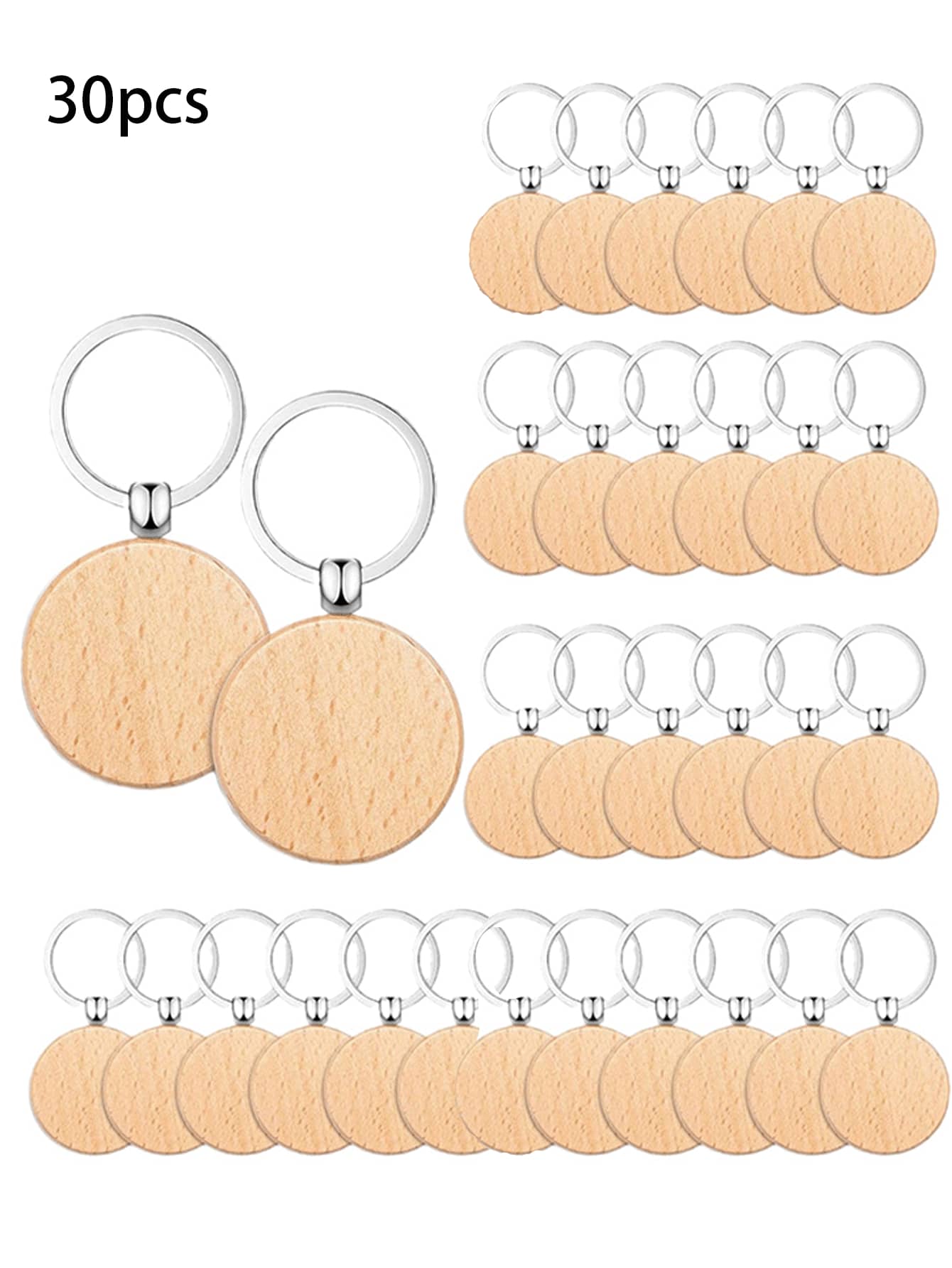 30 件木制圆盘钥匙扣，创意小礼物，工艺木制钥匙圈吊坠学校汽车配件可爱哥特 Y2k 万圣节配件教师节包挂绳带身份证夹汽车配件包饰 - 木質色 - 查看 1