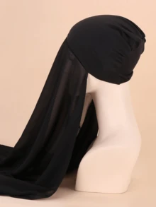 1 件女士雪纺围巾和帽子套装，带大帽檐，简单纯色，柔软舒适，适合日常休闲使用，头带，柔软头巾，长袍配饰，女士面纱 - 黑色 - 查看 13