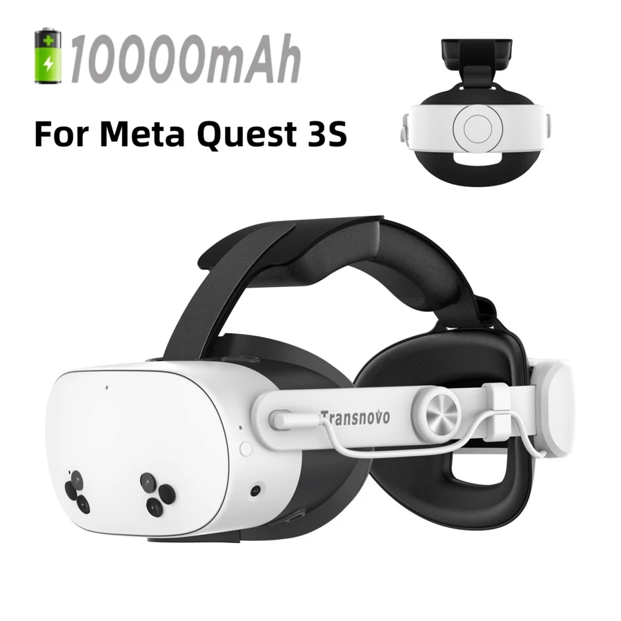 Transnovo 10000mAh VR Head Strap For Meta Quest 3S, 8H Extend Playtime, 20W Type-C Fast Charging, One-Button Adjustable Design, 360° Rotatable, Comfortable PU Leather Cushions - White - View 1