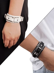 Yanxyad Punk Cuff Bracelet Studded Rock Wristband Sets For Men Women, Adjustable Strap Bangle, Goth Bracelets Jewelry Set Vintage 80s Emo Style, PU Leather, Unisex Fashion Wristbands -Black & White