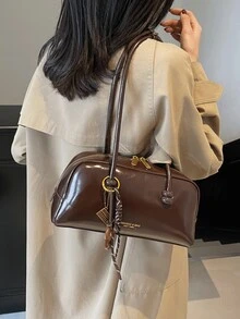 1件純色亮面PU皮革女款時尚大容量保齡球包，雙手提肩背包，拉鍊開合 - 咖啡 - 查看 3