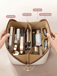 1pc Travel Dual Layer Cosmetic Bag, PU Leather Waterproof Makeup Bag, Large Capacity Toiletry Pouch, Beach Bag, Travel Bag, Portable Makeup Organizer, Makeup Brush Holder, Essential For Holiday, Gift For Friends, Mother's Day, Teacher, Bridesmaid