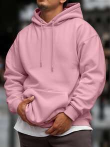 Men's Sweatshirt Kangaroo Cold Weather Top With Plain Hood Without Print - Baby Pink - View 1