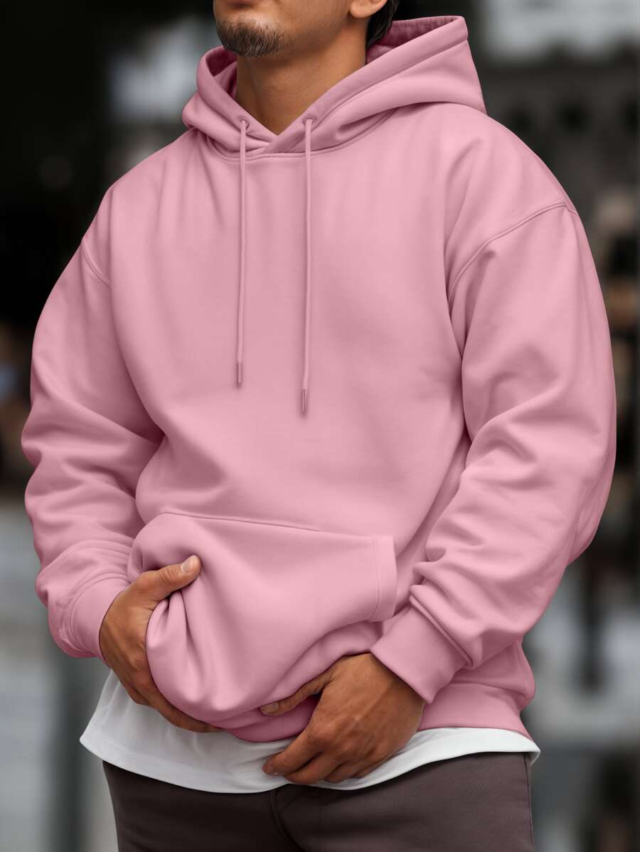 Men's Sweatshirt Kangaroo Cold Weather Top With Plain Hood Without Print - Baby Pink - View 1