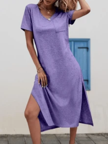 Women Summer Casual Short Sleeve V Neck Long Pockets Loose Side Slit T Shirt Dress