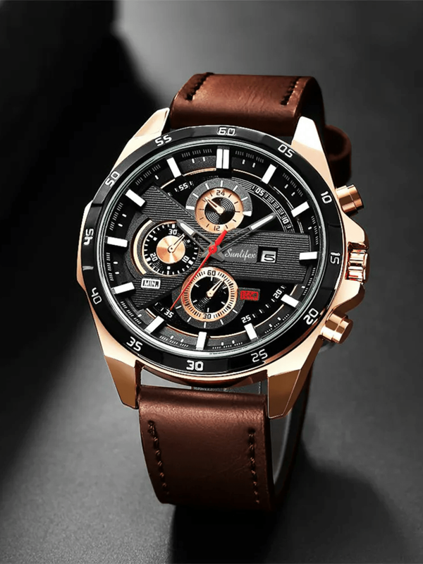 1 pezzo Orologio da uomo in pelle di alta qualità, elegante e alla moda, con quadrante rotondo, effetto luminescente, casual e sportivo, premium, con funzione calendario, economico, adatto come regalo per uomini