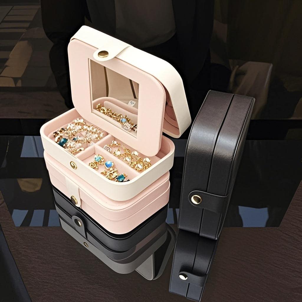 1 pezzo Scatola portagioie in pelle PU con specchio, custodia portatile per esporre gioielli, scatola regalo per orecchini, collane, anelli, orologi, bracciali, rossetti e altri accessori, scatola a doppio strato per riporre oggetti
