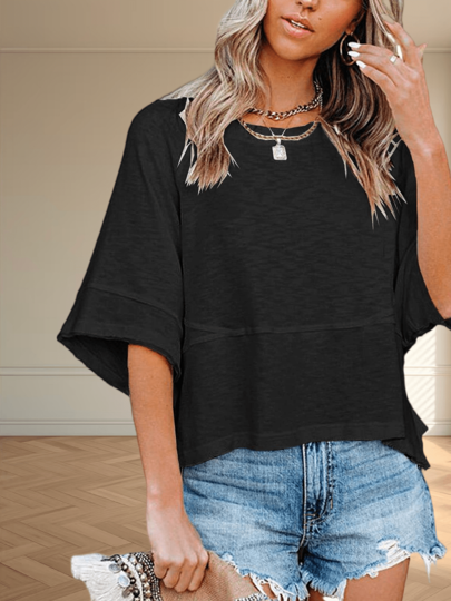 Women's Summer Casual Crewneck Batwing Half Sleeve T-Shirts Solid Color Loose Fit Cute Basic Flowy Tops Tees Blouses