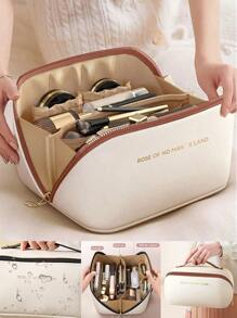 1pc Travel Dual Layer Cosmetic Bag, PU Leather Waterproof Makeup Bag, Large Capacity Toiletry Pouch, Beach Bag, Travel Bag, Portable Makeup Organizer, Makeup Brush Holder, Essential For Holiday, Gift For Friends, Mother's Day, Teacher, Bridesmaid