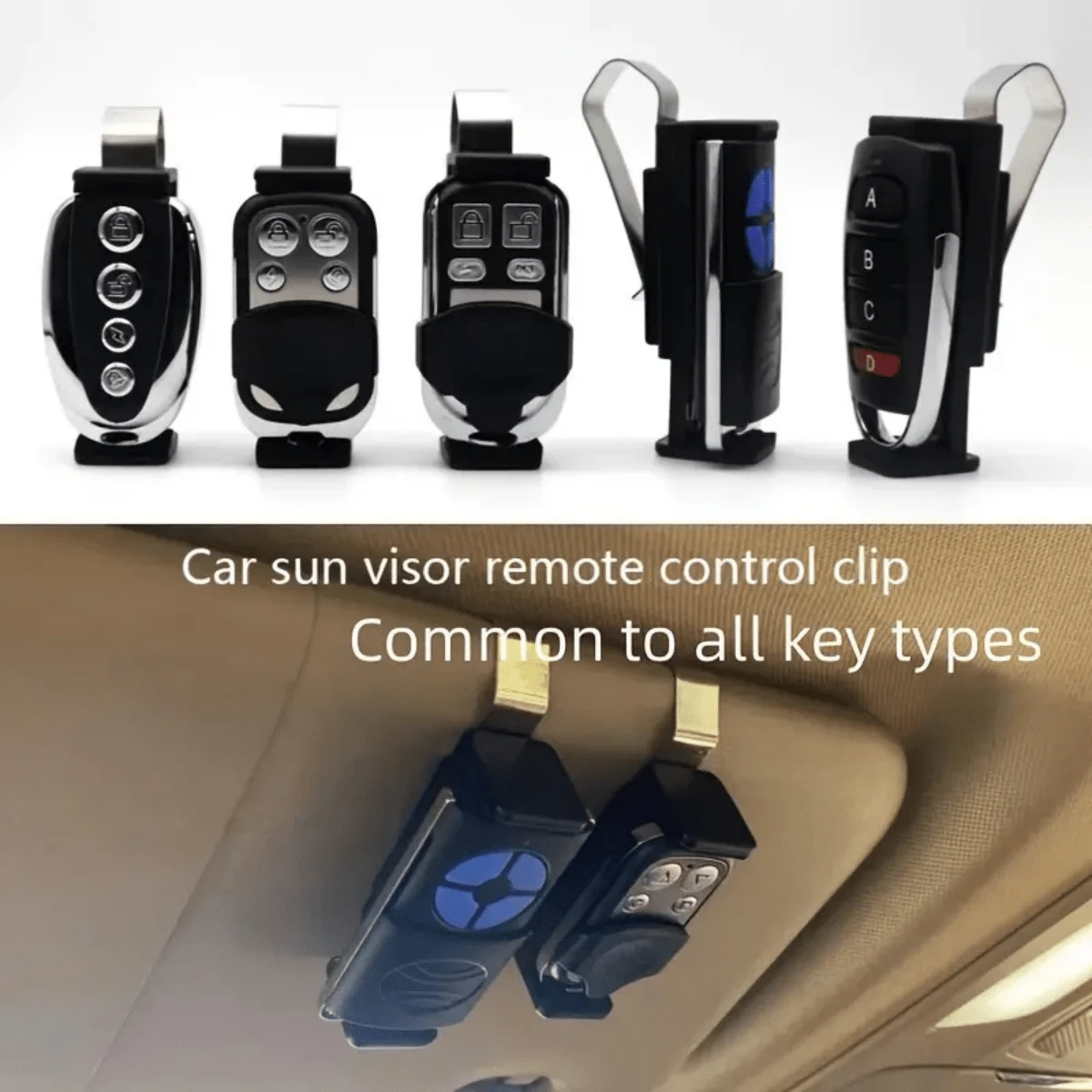1个汽车遮阳板遥控器支架，适用于大多数车库门遥控器和汽车钥匙扣，安装简便