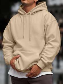 Men's Sweatshirt Kangaroo Cold Weather Top With Plain Hood Without Print - Beige - View 1