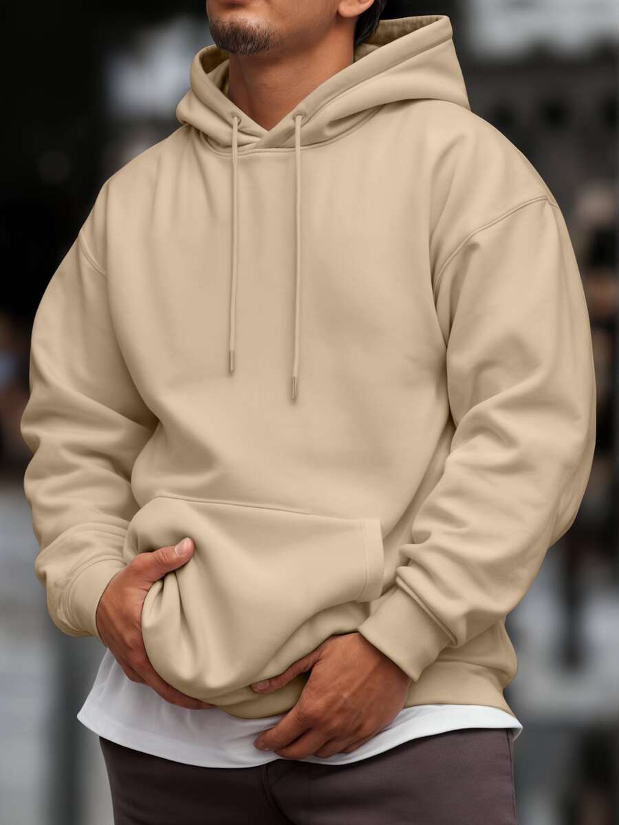 Men's Sweatshirt Kangaroo Cold Weather Top With Plain Hood Without Print - Beige - View 1