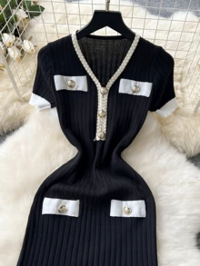 Đầm nữ mùa hè mới, đầm dệt kim tay ngắn cổ chữ V ôm eo thanh lịch, đầm len ôm dáng cổ chữ V, đầm ôm sát kiểu nữ thần duyên dáng, trang phục công sở trưởng thành, đầm dự tiệc màu đen. - màu đen - Xem 3