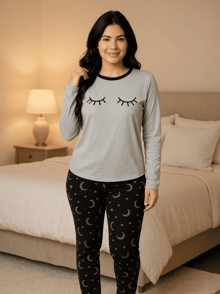 Women's Long Sleeve Cold Weather Printed Eyelash Pajamas With Gray Eyes And Trousers - Grey - View 1