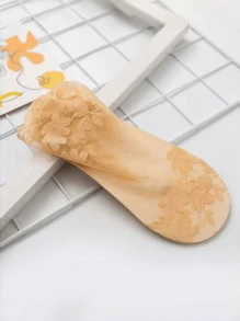 1 pièce Chaussettes courtes pour femme en maille respirante de couleur unie avec motif de feuilles et garniture en dentelle, chaussettes polyvalentes d'été pour la cheville