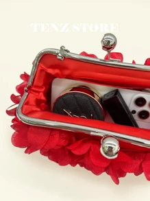 Elegant Red Floral Petal Satin Evening Clutch Bag – Double Chain Design, Handheld & Crossbody, Perfect For Prom, Spring Weddings, Parties, Cocktail Events, Vacation Looks, Graduation, Gender Reveal Party And Formal Occasions