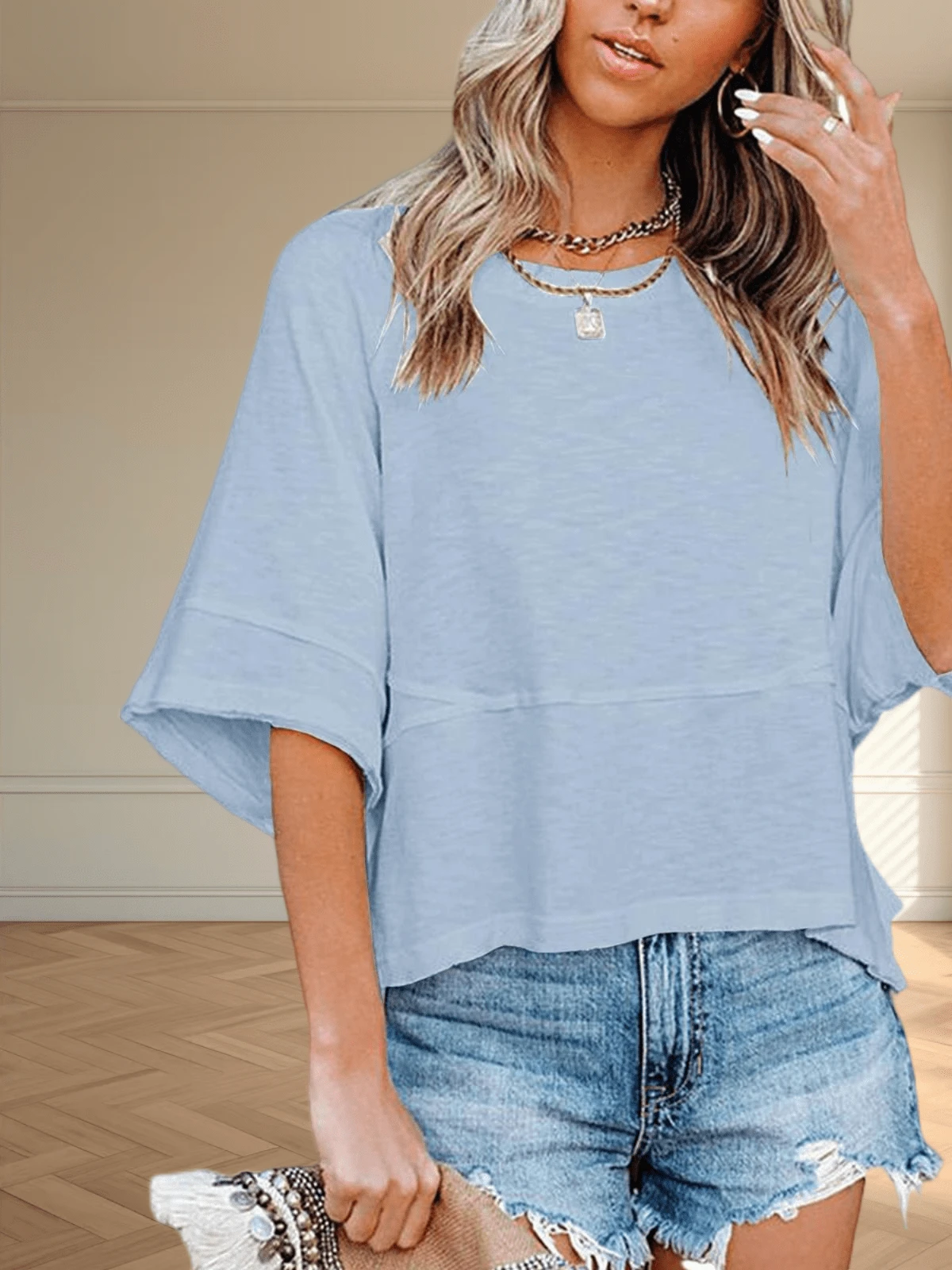 Women's Summer Casual Crewneck Batwing Half Sleeve T-Shirts Solid Color Loose Fit Cute Basic Flowy Tops Tees Blouses - 藍色 - 查看 1