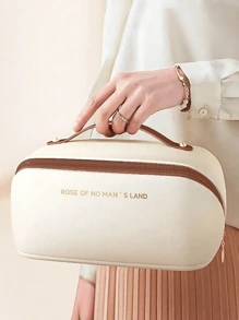 1pc Travel Dual Layer Cosmetic Bag, PU Leather Waterproof Makeup Bag, Large Capacity Toiletry Pouch, Beach Bag, Travel Bag, Portable Makeup Organizer, Makeup Brush Holder, Essential For Holiday, Gift For Friends, Mother's Day, Teacher, Bridesmaid