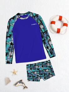 Cottoon Uv Children's Beach Set Boy Long Sleeve Shirt UV Protection Blouse And Printed Swim Trunks Premium Summer Men's Kit - Màu xanh lam - Xem 1