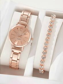 2 Pieces/Set Fashion Elegant Gold Round Quartz Watch And Bracelet As A Couple's Gift, Suitable For Daily Casual Wear, Simple And Elegant, Perfect As A Halloween, Christmas, Or Birthday Gift. - Multicolor - View 4