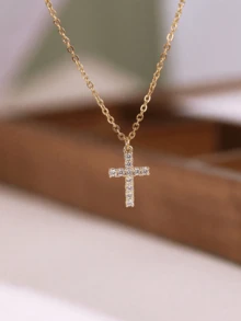 Biokia 1 pieza Collar con colgante de cruz delicado de acero inoxidable de moda simple con piedra de CZ microincrustada - Dorado - Ver 5