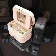 1 pezzo Scatola portagioie in pelle PU con specchio, custodia portatile per esporre gioielli, scatola regalo per orecchini, collane, anelli, orologi, bracciali, rossetti e altri accessori, scatola a doppio strato per riporre oggetti