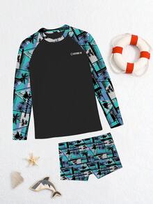 Cottoon Uv Children's Beach Set Boy Long Sleeve Shirt UV Protection Blouse And Printed Swim Trunks Premium Summer Men's Kit - 彩色 - 查看 1