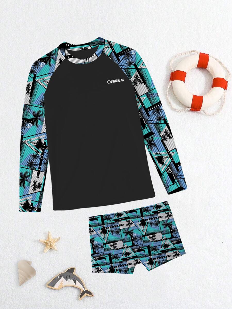 Cottoon Uv Children's Beach Set Boy Long Sleeve Shirt UV Protection Blouse And Printed Swim Trunks Premium Summer Men's Kit - 彩色 - 查看 1