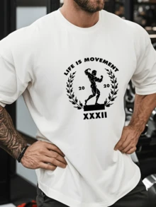 “生活在于运动”肌肉图案白色T恤，适合健身爱好者 “生活在于运动”印花白色运动T恤 - 白色 - 查看 1