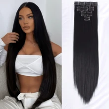 直发夹接发真人发自然黑色 8 件套带直发夹接发全头巴西 18 夹接发女士 - Natural Black - 查看 2