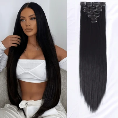 直发夹接发真人发自然黑色 8 件套带直发夹接发全头巴西 18 夹接发女士