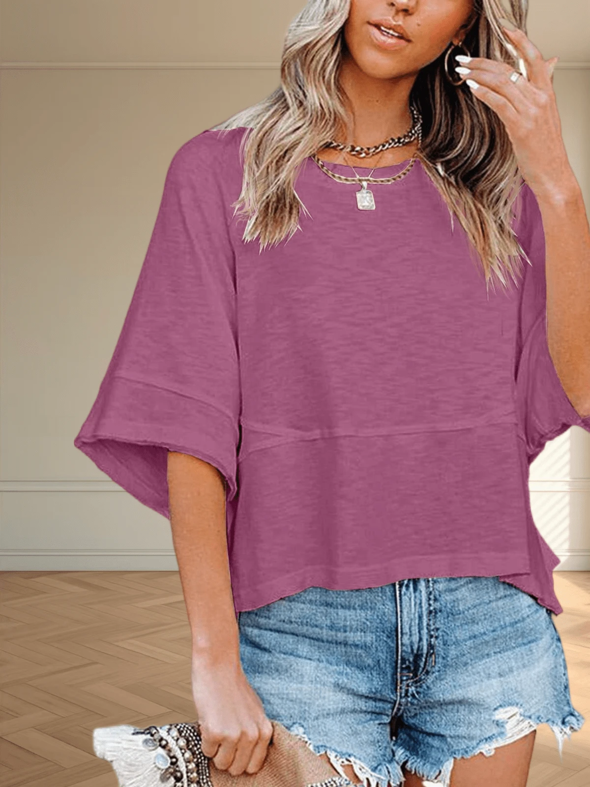 Women's Summer Casual Crewneck Batwing Half Sleeve T-Shirts Solid Color Loose Fit Cute Basic Flowy Tops Tees Blouses - Burgundy - View 1
