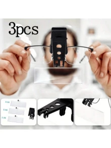 Clip On Magnifying Glass, 1.5 X 2.5 X 3.5x Magnifying Plastic Shell Clip On Glasses Type Magnifying Glass, 3 Transparent Magnifying Glass Lenses, Used For Reading By Children, Elderly, Handheld (Transparent)