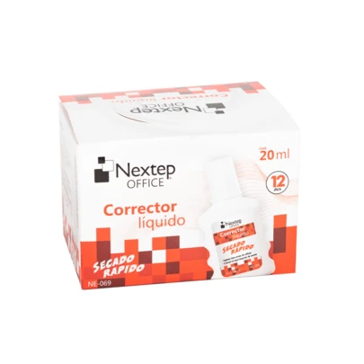 Paquete de 12 piezas de Corrector Líquido Nextep NE-069, presentación en botella de 20 ml c/u con aplicador de brocha, fórmula de secado rápido y alta cobertura, ideal para uso escolar, oficina o profesional, tapa de rosca segura, excelente rendimiento sobre papel común y bond
