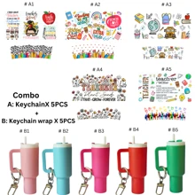 5 In 1 - 5pcs DIY Mini Tumbler Keychain Set With Teacher Print Decals - Colorful Polyvinyl Charms, Pre-Pasted Transfer Stickers For Handbag & Mini Cup Decor, Perfect Gift For Teachers, Classroom Supplies | Playful Design | Glossy Finish