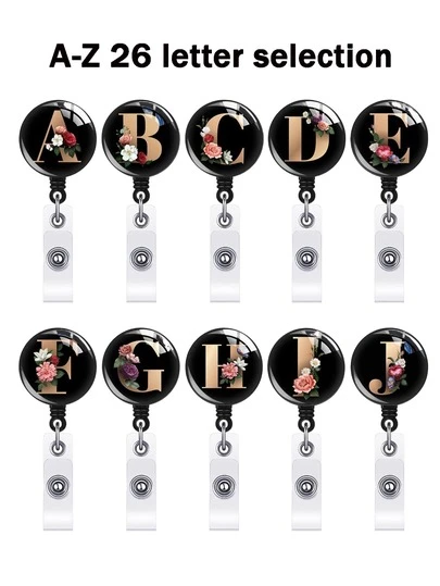 1pc Retractable ID Badge Reel With Rotating Clip, Round Glass Keychain For A-Z Name Cards, Black Badge Reel For Nurses/Doctors, Office Supplies, Convenient For Back To School Identification, Halloween And Christmas Gifts For Friends, Meaningful New Year Gifts For Coworkers, Teachers, Elders