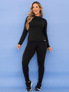 Thermal Set Blouse Second Skin Pants Leggings Plush Fitness Women's Winter Legging Plush Flannel Tarelles - 黑色 - 查看 3