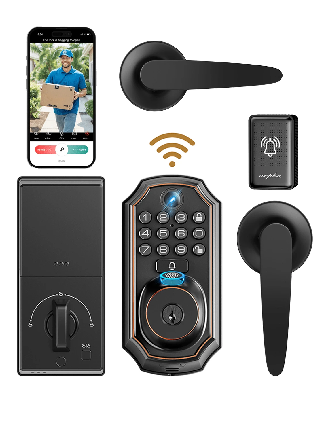 Arpha Keyless Entry Door Lock Deadbolt With Handle Set, WiFi Video Smart Lock With Camera, Doorbell, Fingerprint, Keypad, App Control, Auto Lock, Waterproof, Easy Installation - Black - View 1