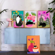 1 bức tranh vải trừu tượng nhiều màu sắc cho phòng trẻ em thời trang hoa mèo đen hồng in áp phích nghệ thuật treo tường trang trí nhà khung tùy chọn - nhiều màu - Xem 4