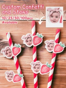 Custom Strawberry Photo Confetti, Personalized Party Straws, 1st Birthday Strawberry Patch Decor, Customizable Face Cupcake Toppers, Back To School - Multicolor - View 1