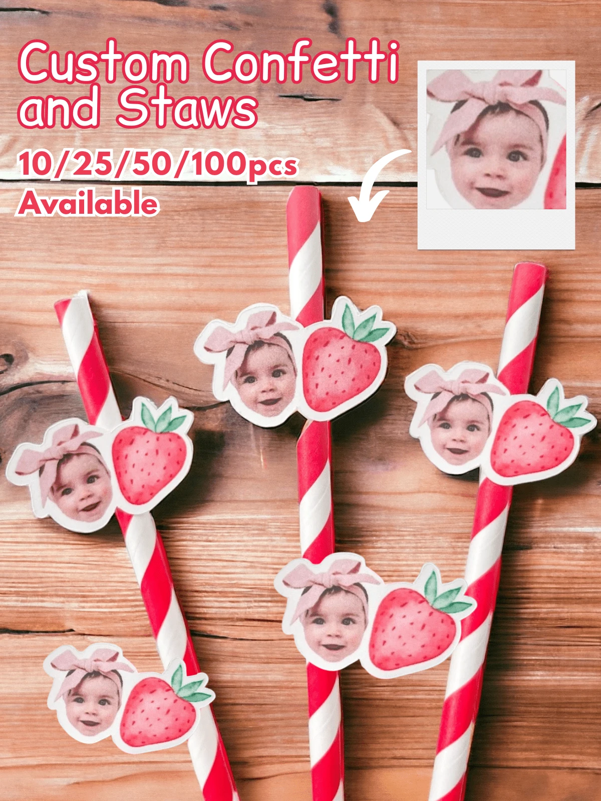 Custom Strawberry Photo Confetti, Personalized Party Straws, 1st Birthday Strawberry Patch Decor, Customizable Face Cupcake Toppers, Back To School - Multicolor - View 1