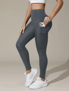 女款高弹力纯色瑜伽裤，带口袋，提臀运动紧身裤 - 深灰色 - 查看 4