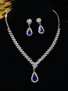 Juego de joyas con colgante de gota de agua con diamantes de imitación, adecuado para novia de boda, fiesta formal y ropa de noche - Plateado - Ver 5