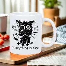 "It's Fine" Sarcastic Black Cat Ceramic Coffee Mug - Insulated Reusable White Cup With Humorous "I'm Fine" Quote, Hand-Wash Only, Perfect Gift For Coffee Enthusiasts & Cat Lovers, Casual Drinkware, Playful Design, Durable Drinkware, Quirky Style, Sturdy Construction, Office Workers - Không sao đâu - Xem 4