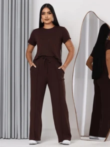 Women's Comfort Casual Sweatsuit Set - 鏽棕色 - 查看 1