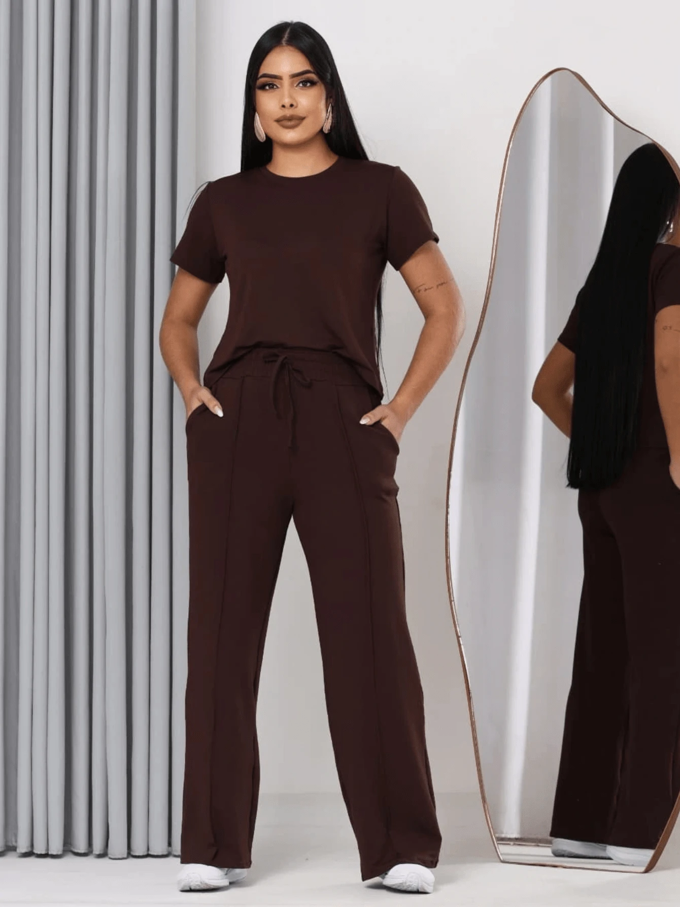 Women's Comfort Casual Sweatsuit Set - 鏽棕色 - 查看 1