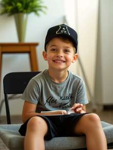 1 件纯黑色棒球帽，带字母装饰，适合男孩/女孩，经典儿童棒球帽，适合春夏季日常休闲穿着 - 黑色 - 查看 3